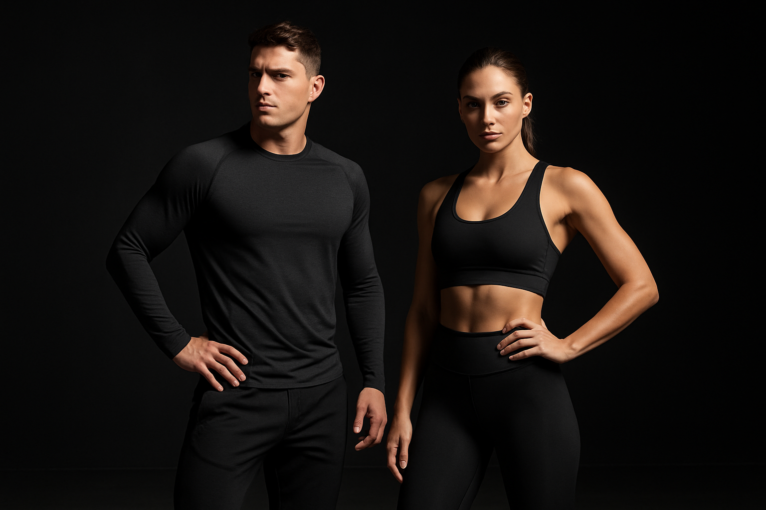 High-quality hero banner image of athletic models in premium gymwear, modern minimalist studio background.
One male model wearing fitted joggers and performance top, one female model wearing sports bra and leggings.
Strong lighting with soft shadows, clean neutral tones (light gray or black background), fitness brand aesthetic.
Energetic yet minimal, fashion photography style, similar to Gymshark and Bo+Tee website hero images.